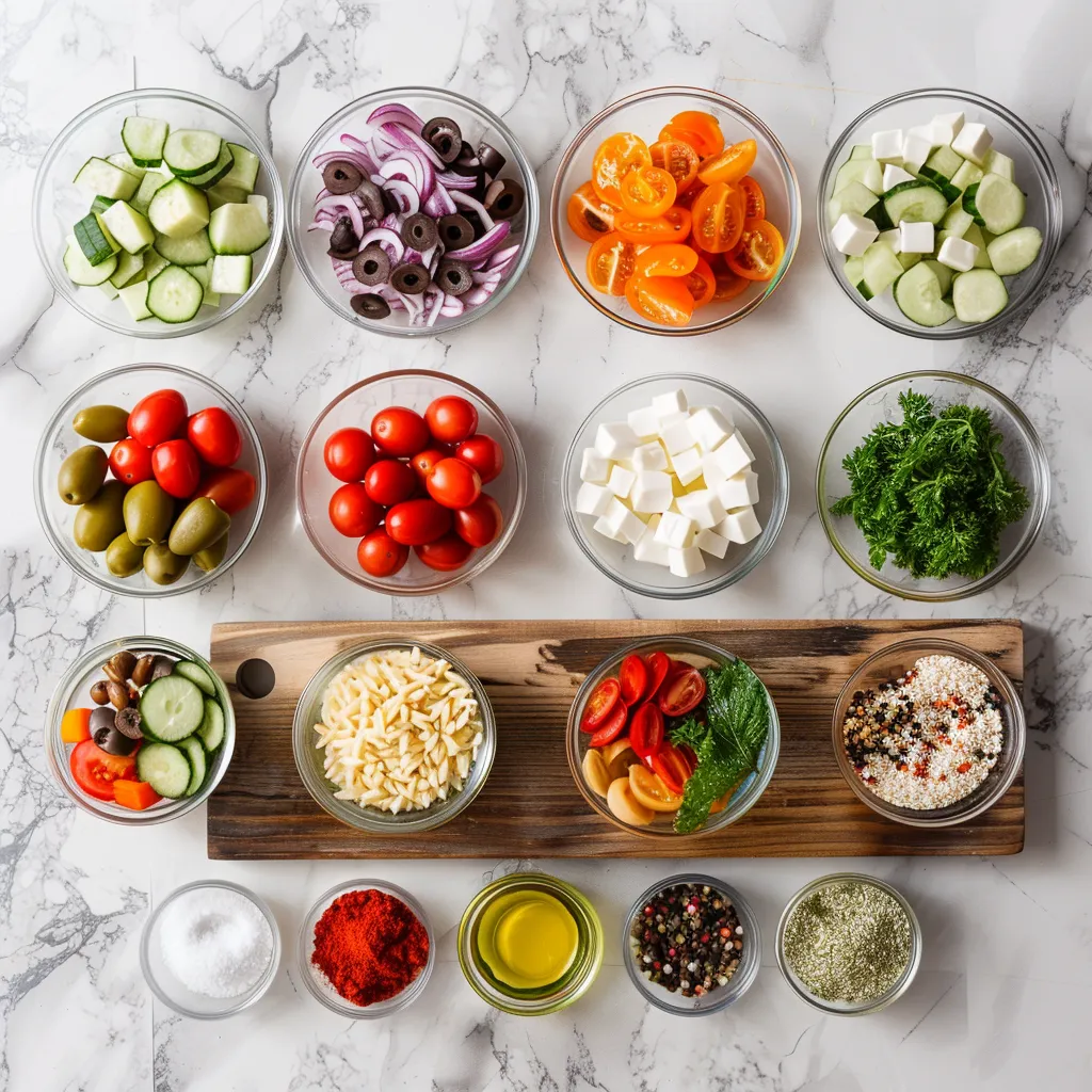 Greek Orzo Pasta Salad Juicy ingredients