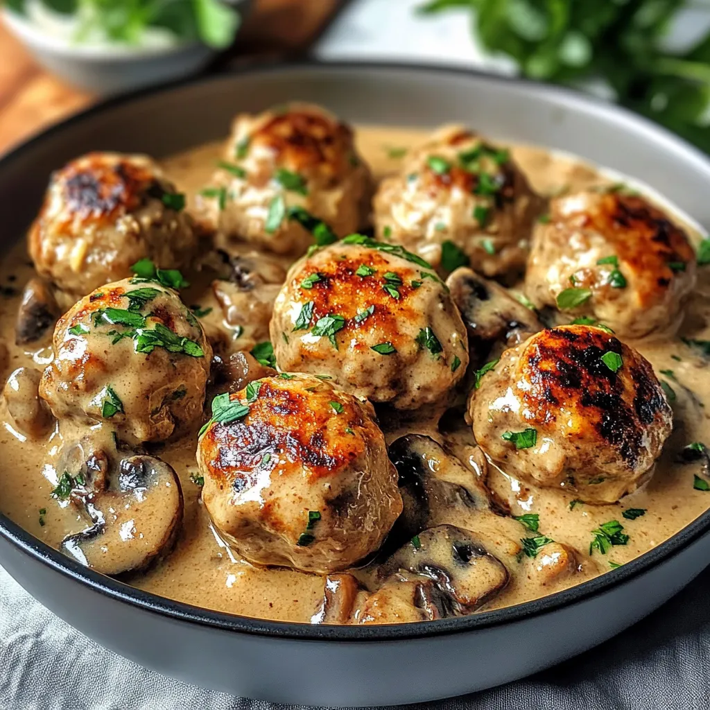 Golden Amazing Creamy Mushroom Chicken Meatballs Recipe | One Skillet Dinner