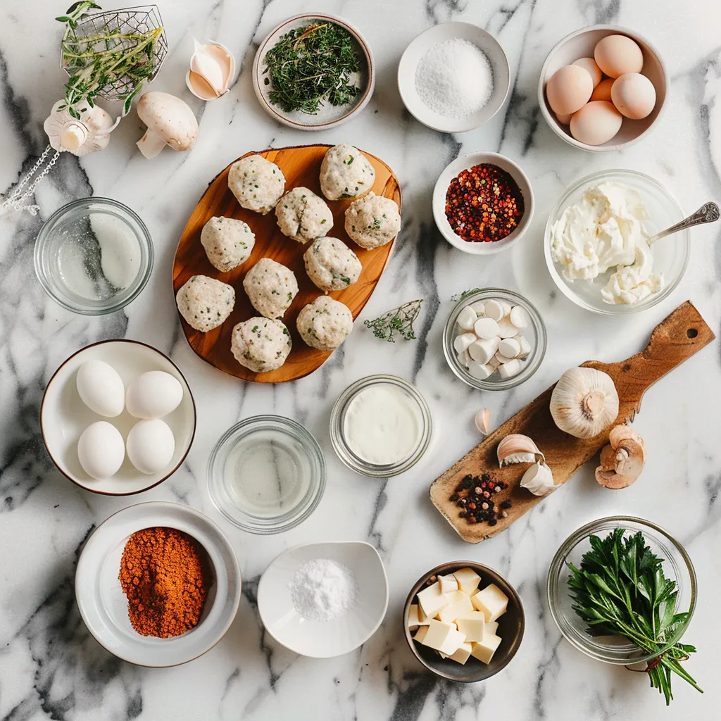Golden Amazing Creamy Mushroom Chicken Meatballs Recipe | One Skillet Dinner ingredients