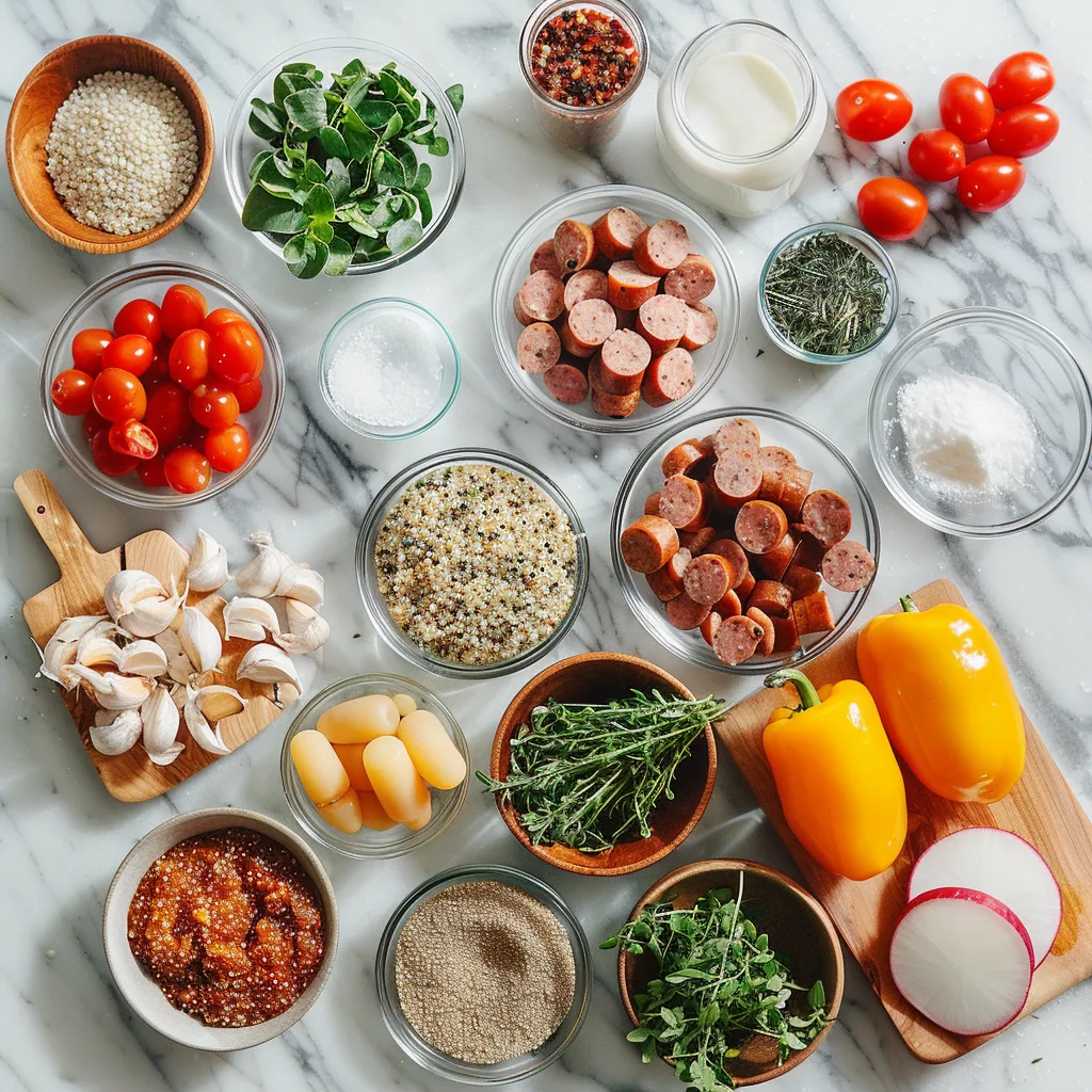 Savory One Pot Quinoa and Sausage Skillet Recipe ingredients