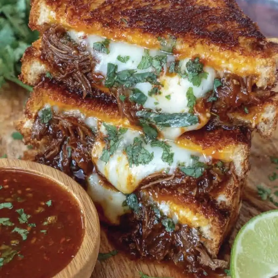 Birria Grilled Cheese Sandwich with Consomme Dip