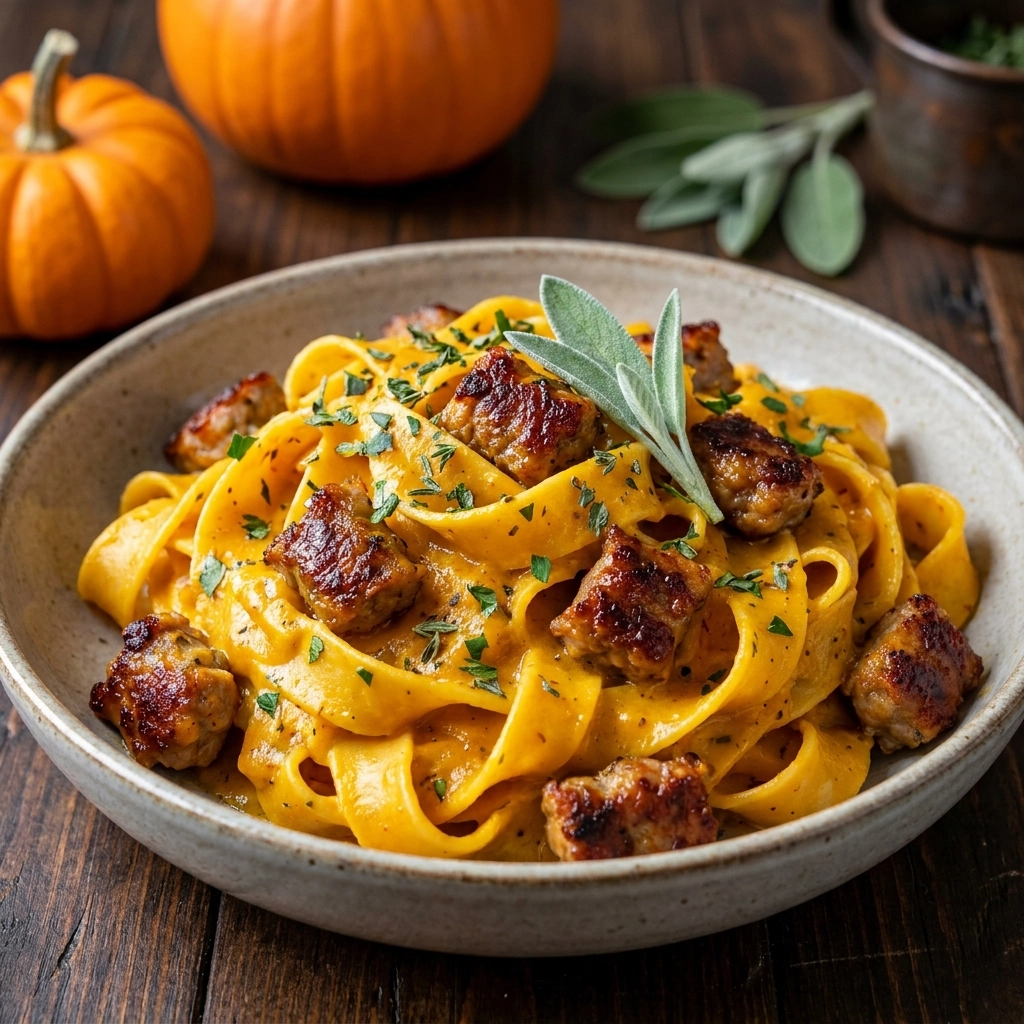 Creamy One-Pot Pumpkin Pasta with Sausage Easy Fall Dinner Recipe | Autumn Pasta