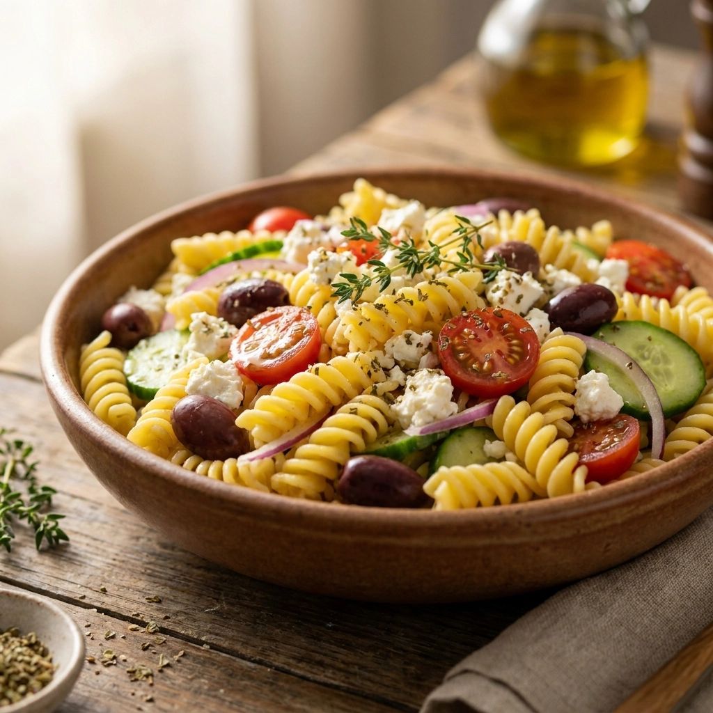 Fresh Greek Pasta Salad with Feta Easy Recipe for Light Mediterranean Delight | Summer Pasta Salad
