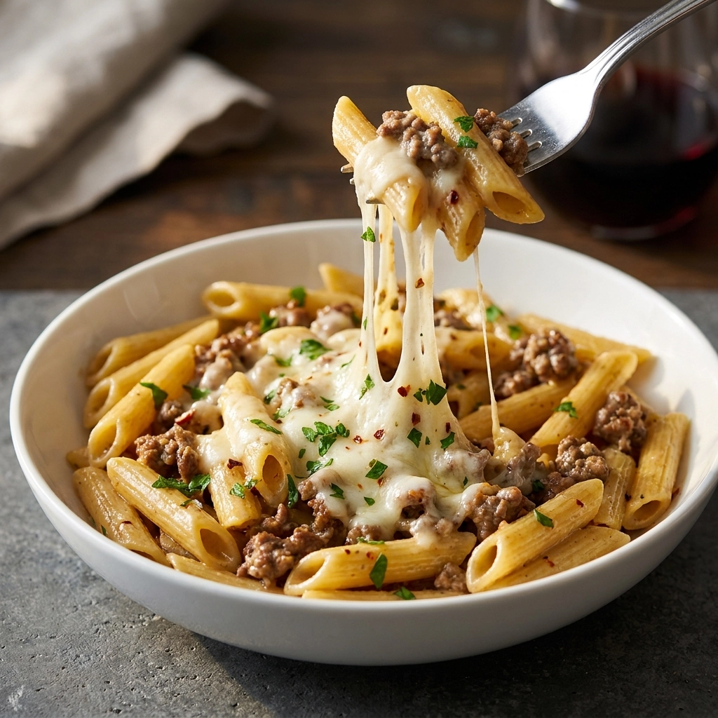 Creamy Slow Cooker Garlic Beef Pasta Recipe for Easy Cozy Crockpot Dinners | Comfort Food