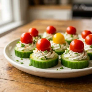 Refreshing Cucumber Bites with Herbed Cream Cheese and Cherry Tomato | Easy Party Appetizer