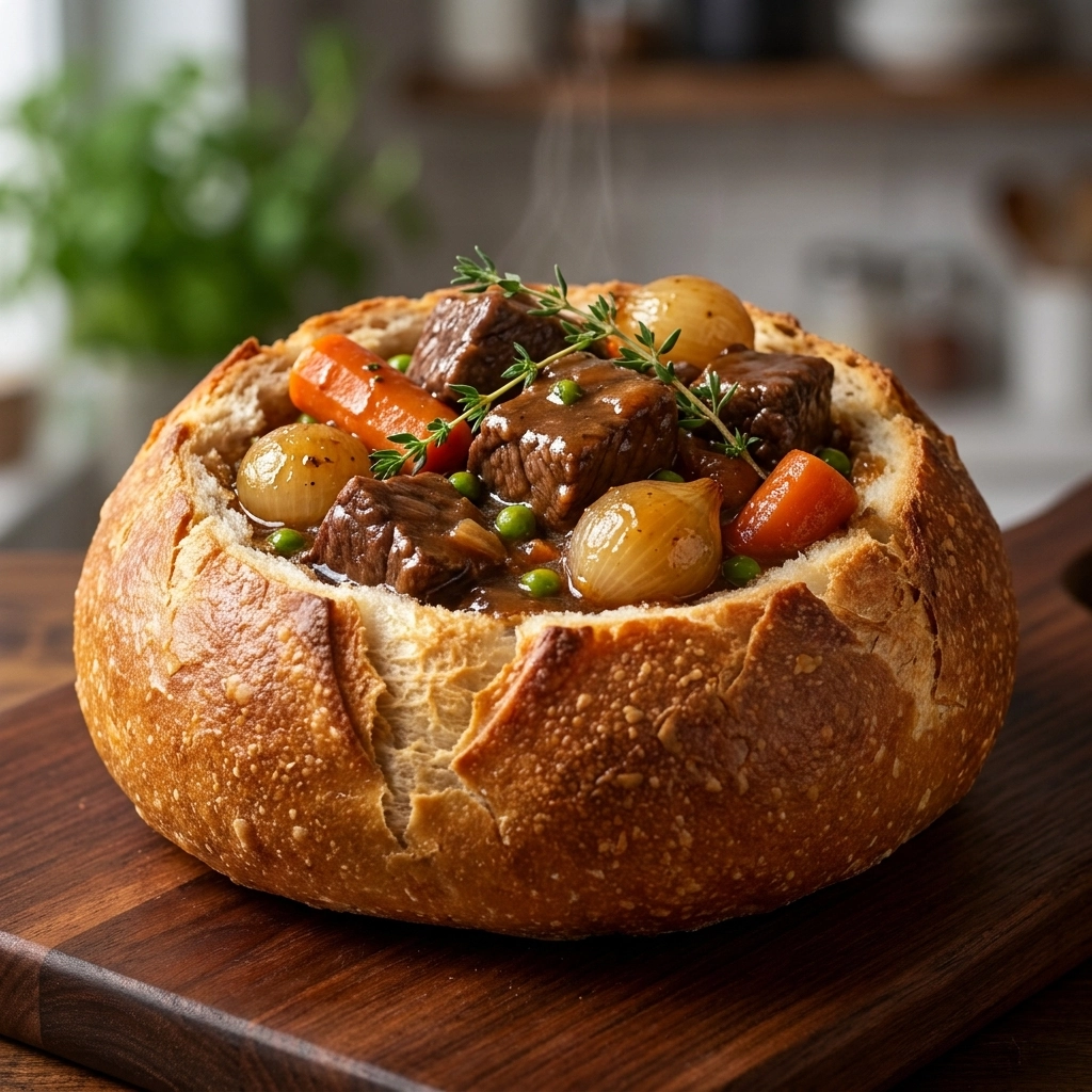 Irresistible Zesty Beef Stew in a Bread Bowl Recipe | Cozy Comfort Food Dinner