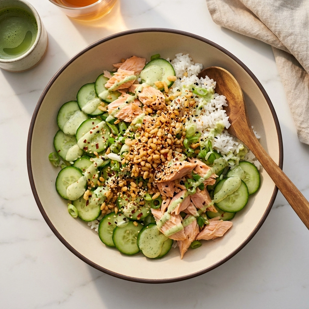 Crispy Rice Salmon & Cucumber Salad with Creamy Soy Dressing | Healthy Salmon Bowl