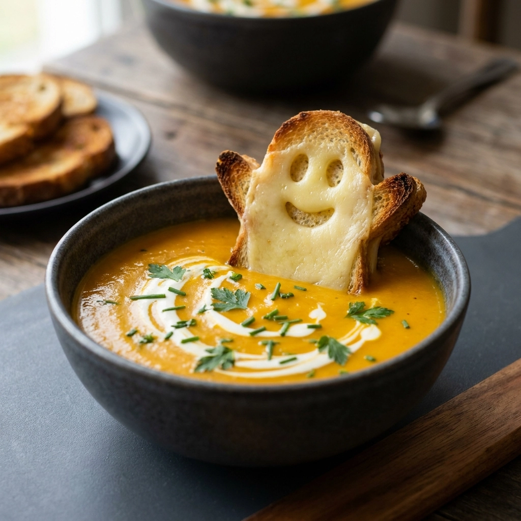 Juicy Spooky Butternut Squash Soup with Grilled Cheese Ghost | Halloween Soup Ideas