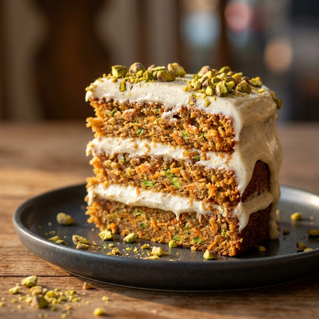 Carrot Zucchini Cake With Cardamom Cream Cheese Frosting And Pistachio Crumble | Easy Vegetable Cake