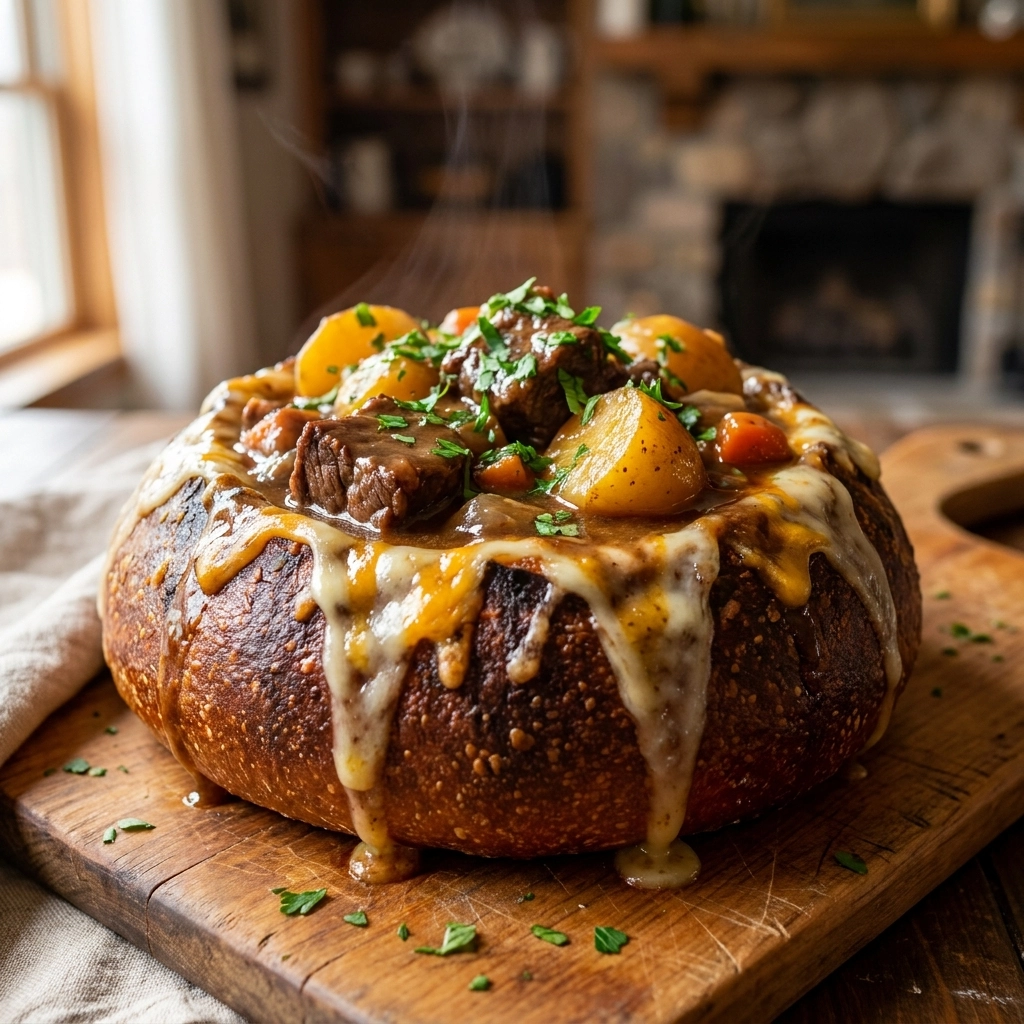 Irresistible Zesty Beef Stew in a Bread Bowl Recipe | Cozy Comfort Food Dinner