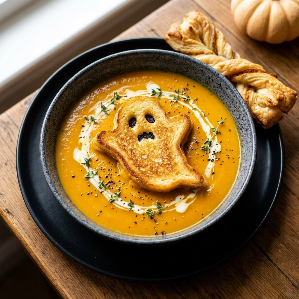Juicy Spooky Butternut Squash Soup with Grilled Cheese Ghost | Halloween Soup Ideas