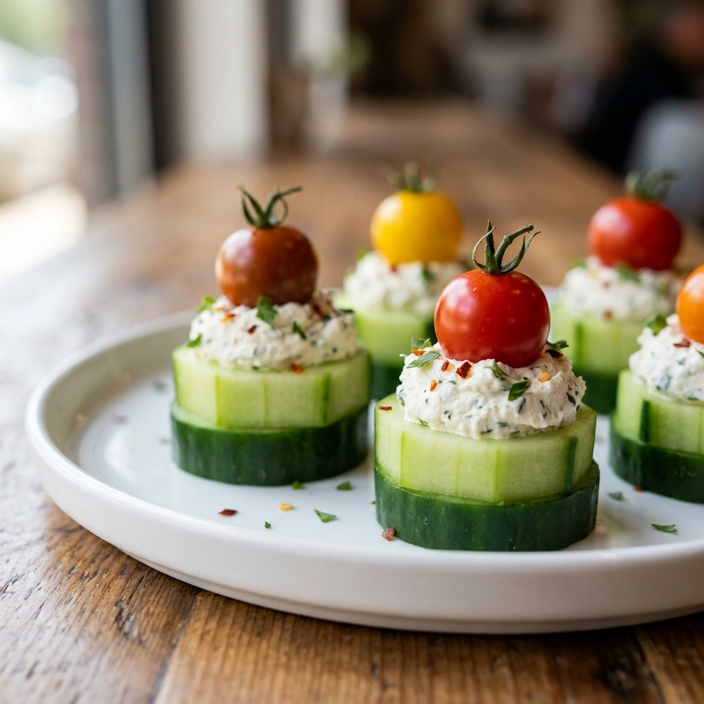 Refreshing Cucumber Bites with Herbed Cream Cheese and Cherry Tomato | Easy Party Appetizer