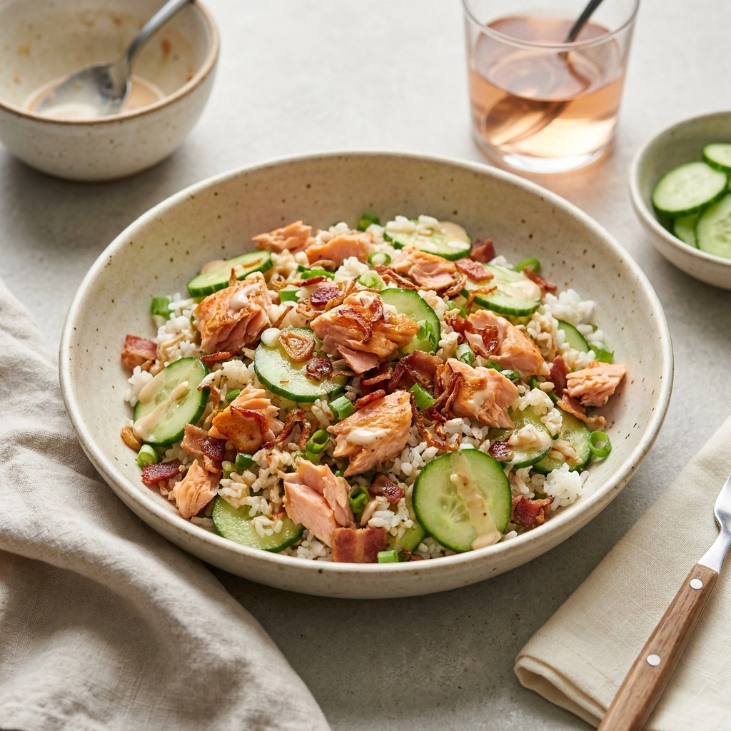 Crispy Rice Salmon & Cucumber Salad with Creamy Soy Dressing | Healthy Salmon Bowl
